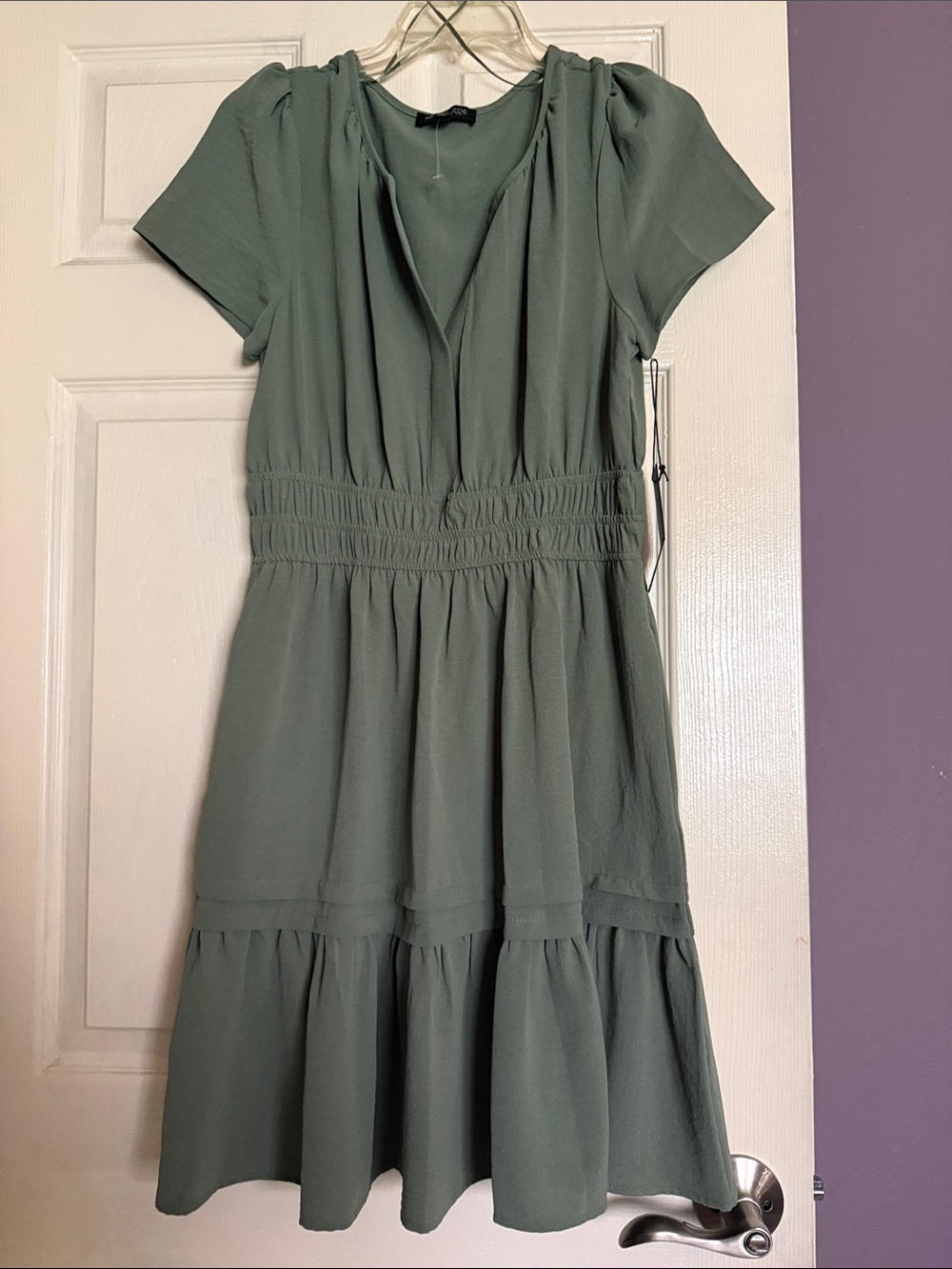 Rachel Zoe Women’s Sage Green Smocked-Waist Short Sleeve Dress